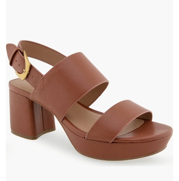 NEW Aerosoles | Camilia Cognac Brown Gold Buckle Heel Platform Sandal, Womens 11 - Picture 1 of 10